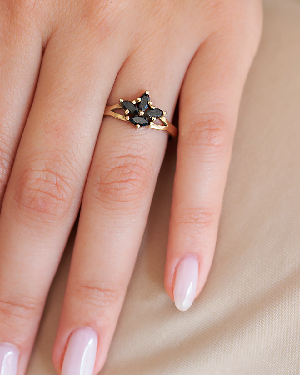 Black Iris Flower Ring with Marquise Cut Black Onyx