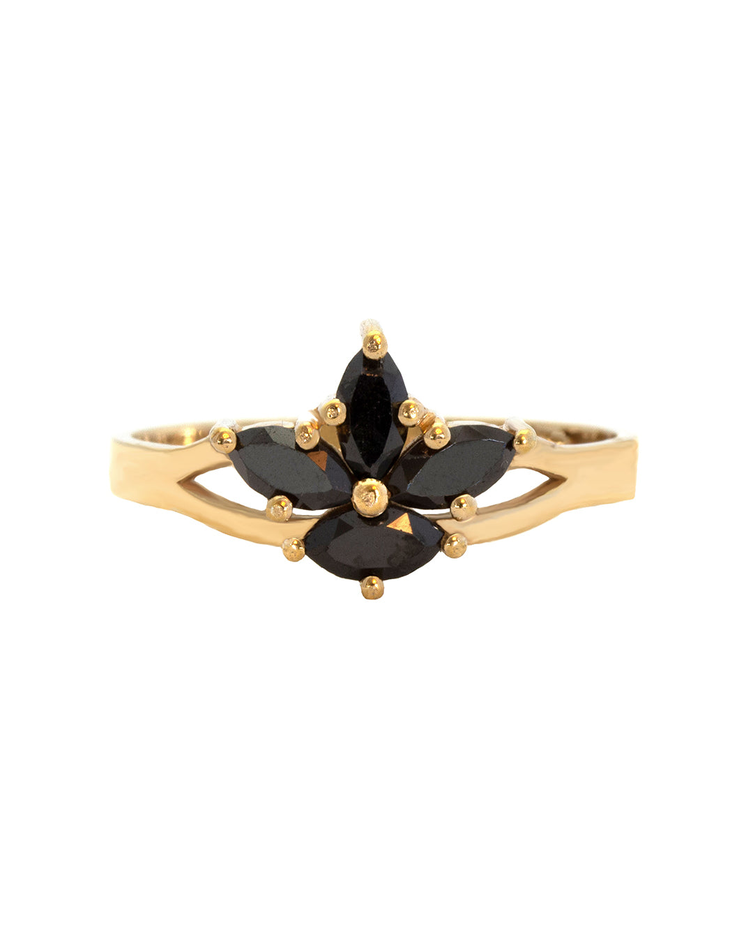 Black Iris Flower Ring with Marquise Cut Black Onyx