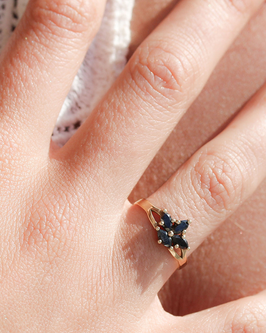 Black Iris Flower Ring with Marquise Cut Black Onyx