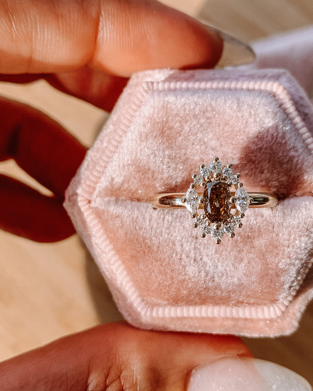 Golden Brown Diamond Ring with an Oval Cut Diamond