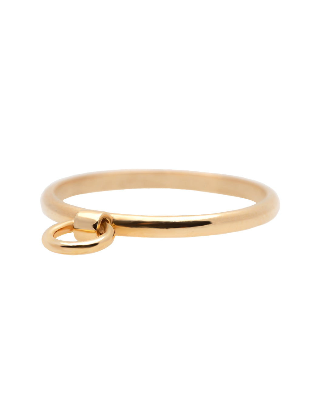 A dainty 14k yellow gold ring, with a hanging hoop.