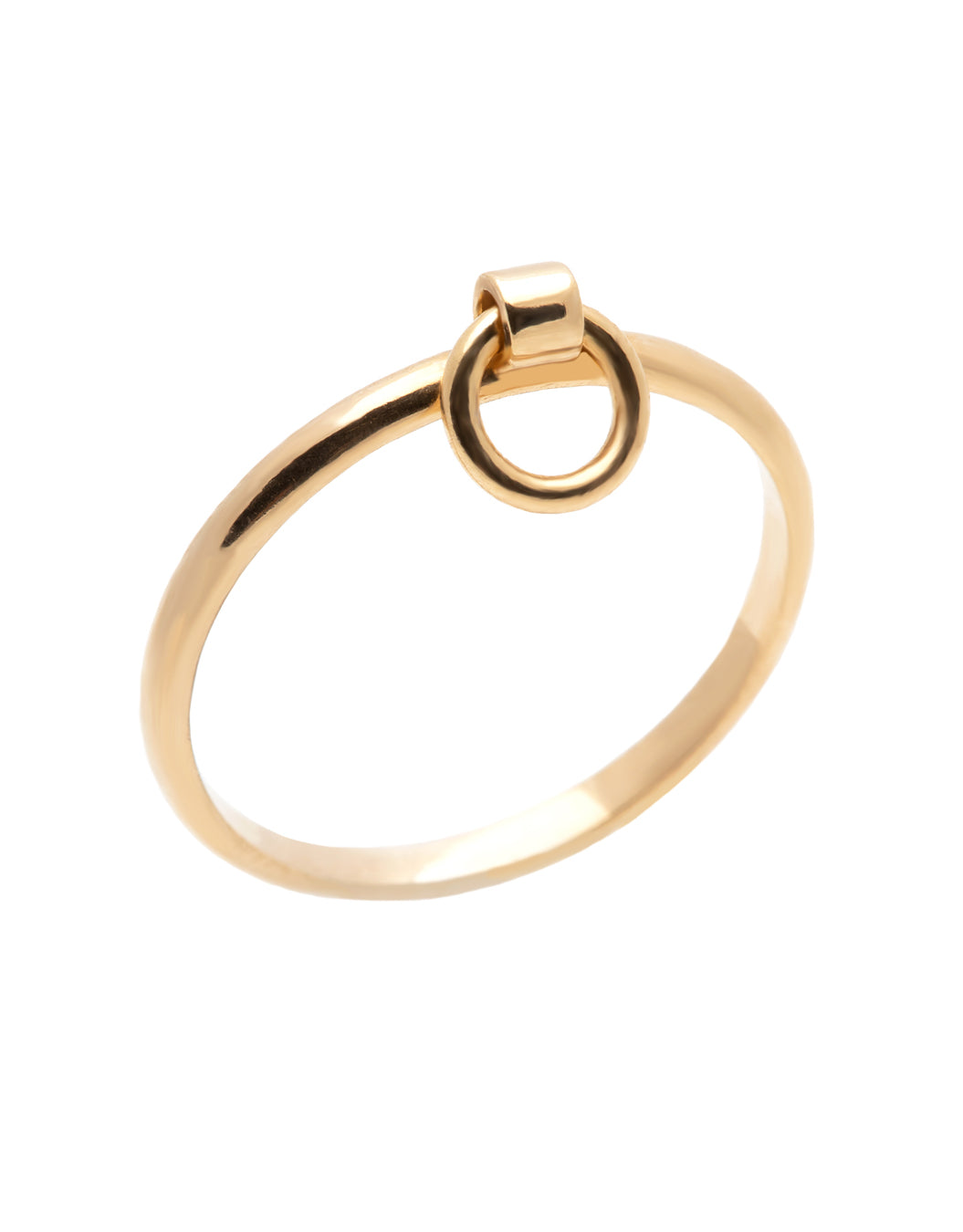 A dainty 14k yellow gold ring, with a hanging hoop.