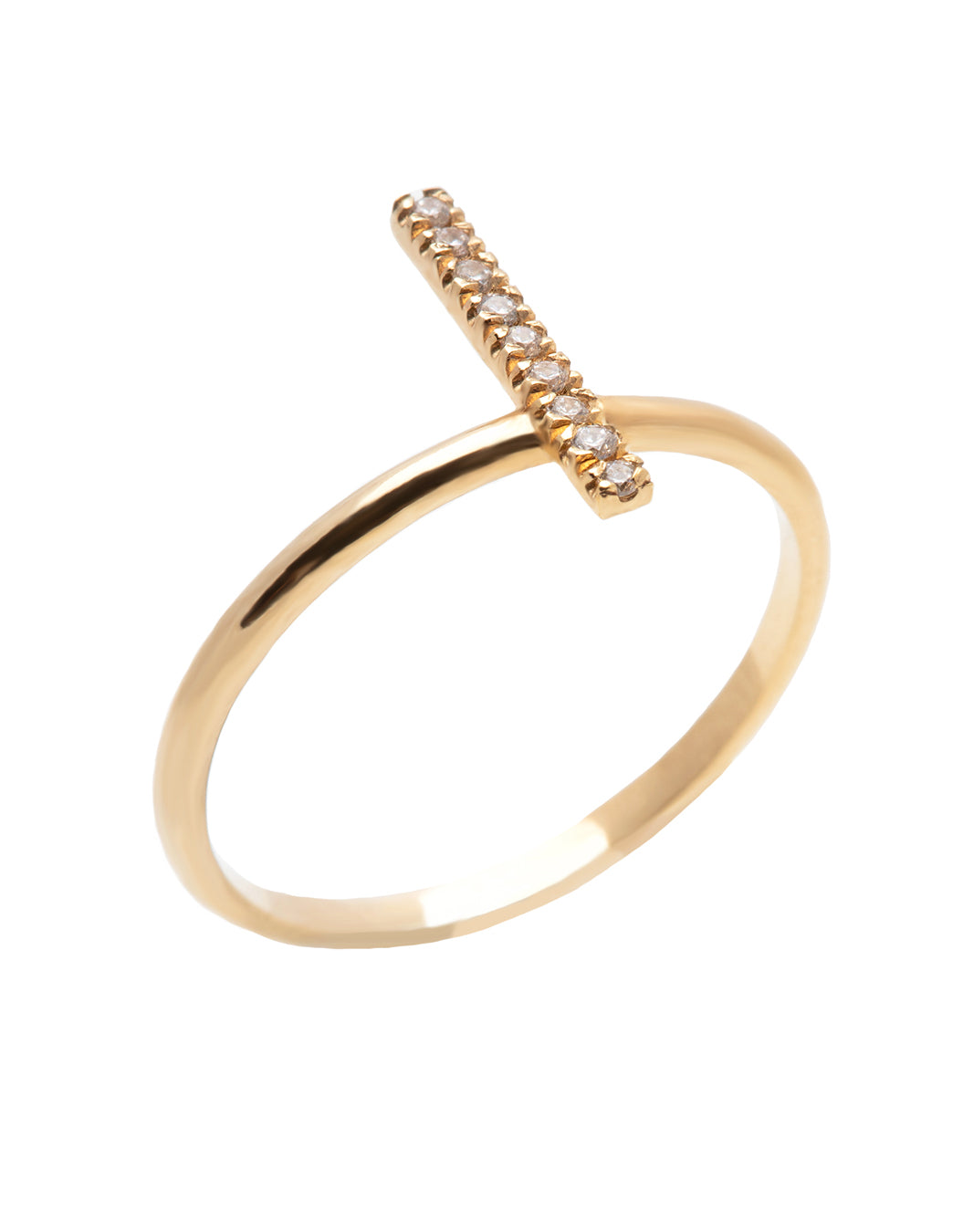 A dainty 14k yellow gold ring, with a vertical bar on top, set with nine tiny white diamonds.