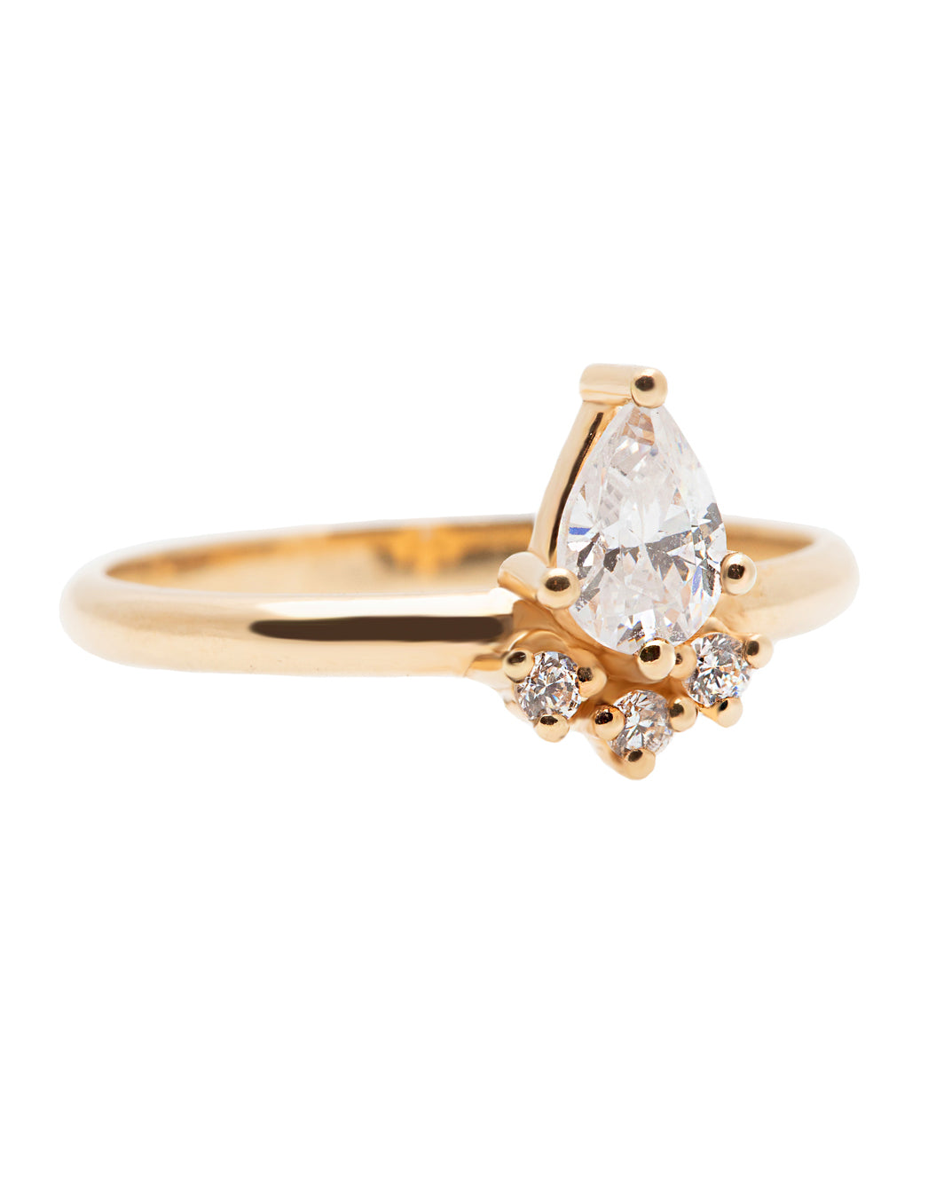 A 14k yellow gold engagement ring, set with a center pear cut white diamond and and halo of three small white diamonds.