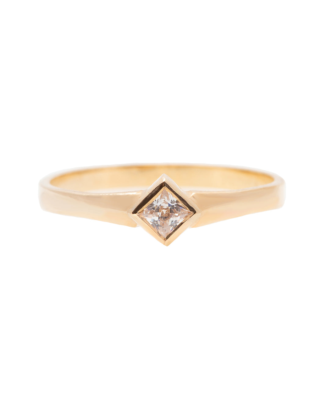 A delicate 14k yellow gold engagement ring set with a center 0.25 carat princess cut white diamond.