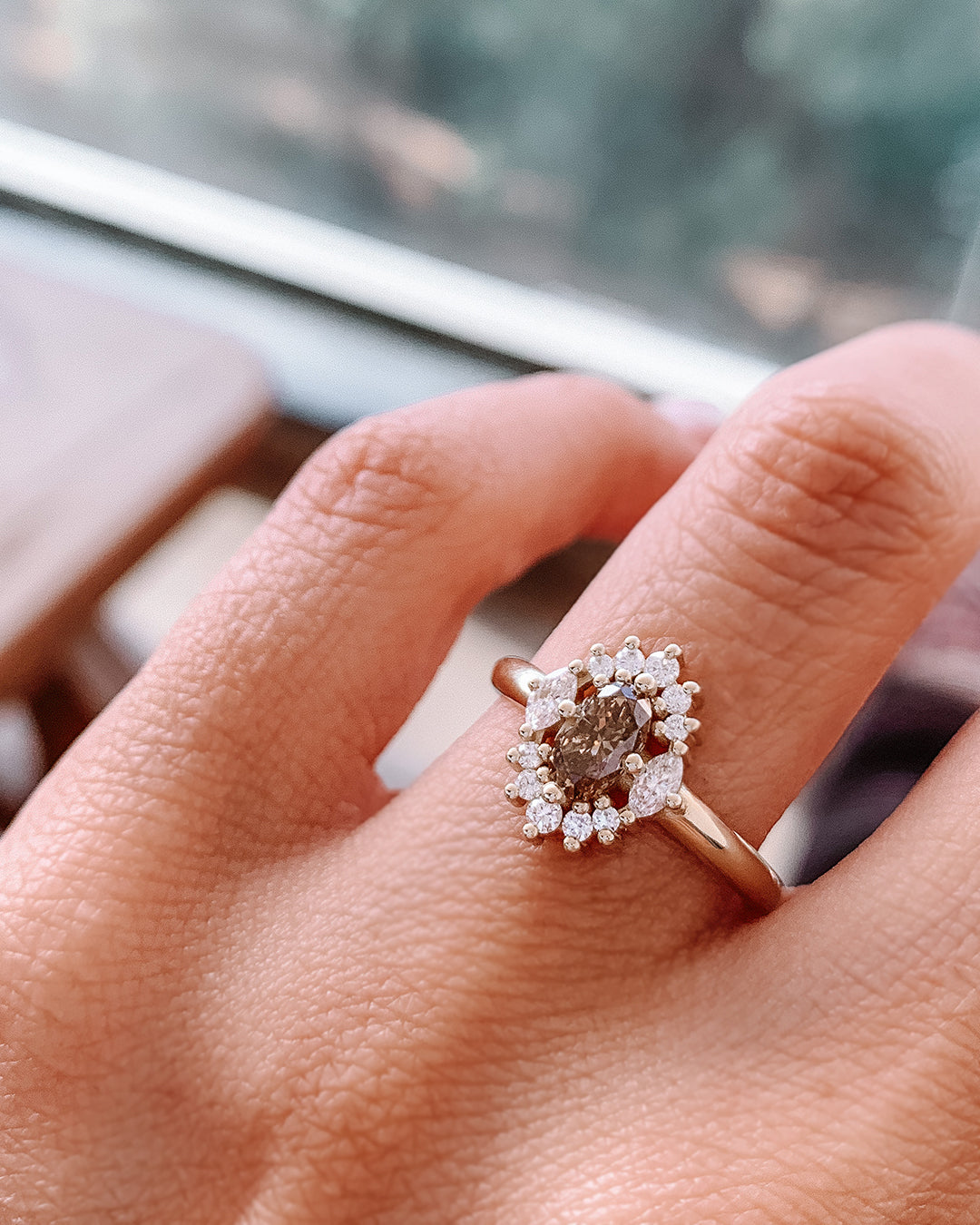 Golden Brown Diamond Ring with an Oval Cut Diamond