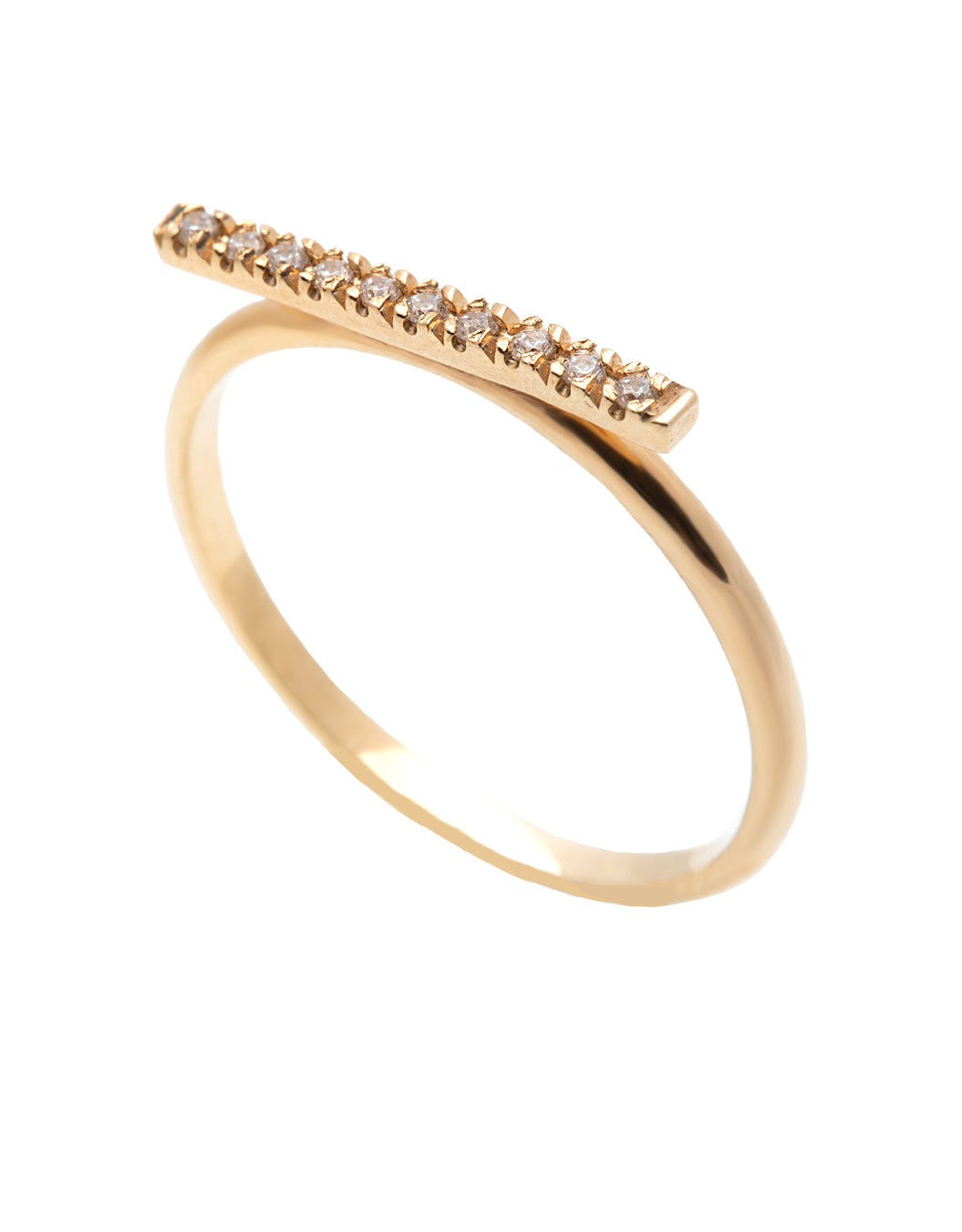 A dainty 14k yellow gold ring, with a horizontal bar on top, set with ten tiny white diamonds. 