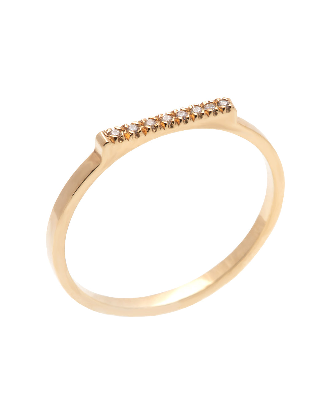 A delicate 14k yellow gold ring with a flat top set nine brilliant cut white diamonds, 0.01 carat each. 